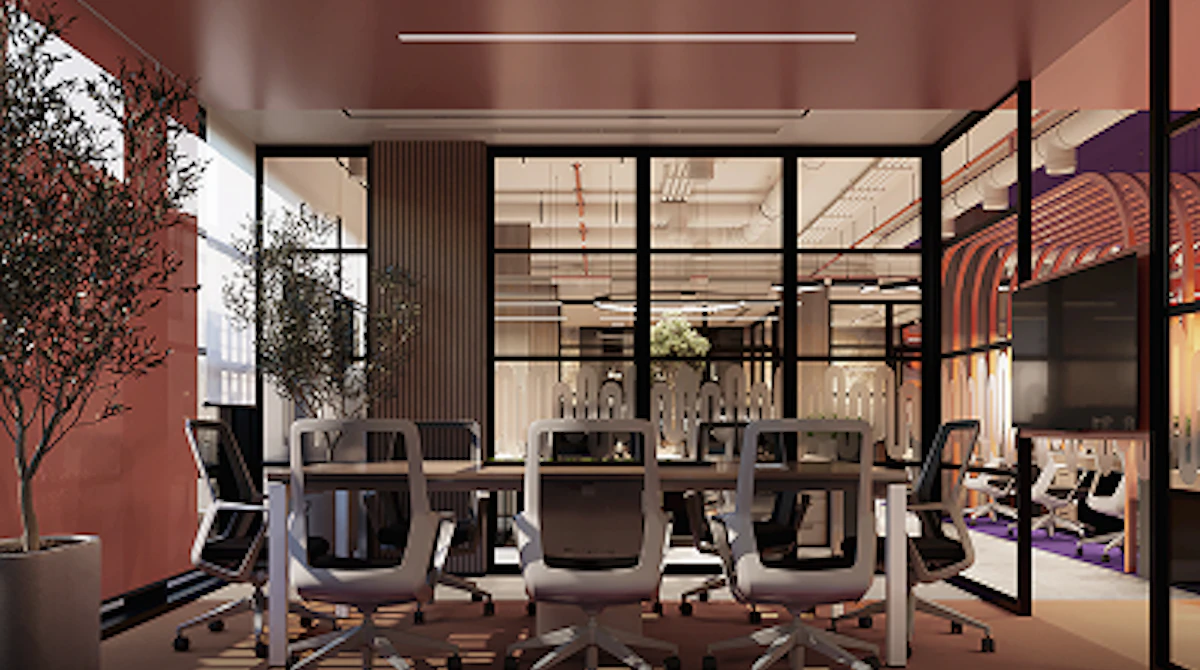 Modern office conference room with glass walls, ergonomic chairs, and decorative plants, showcasing a contemporary and professional workspace design.
