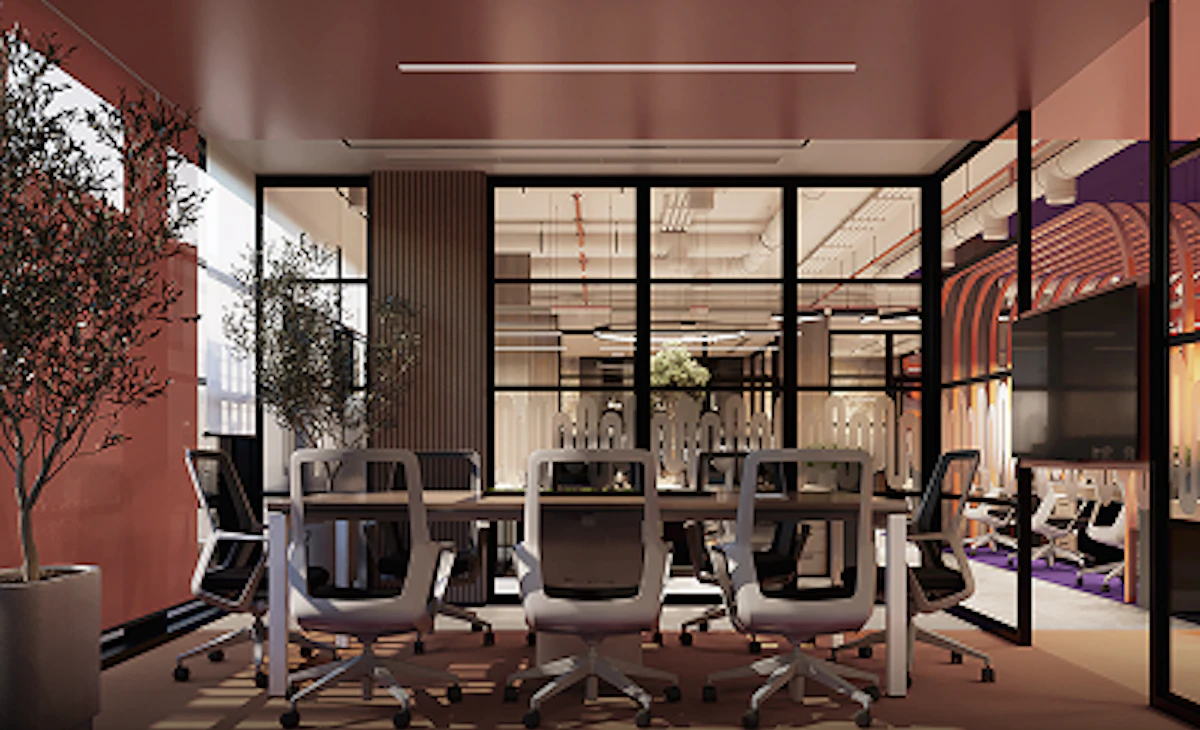 Modern office conference room with glass walls, ergonomic chairs, and decorative plants, showcasing a contemporary and professional workspace design.