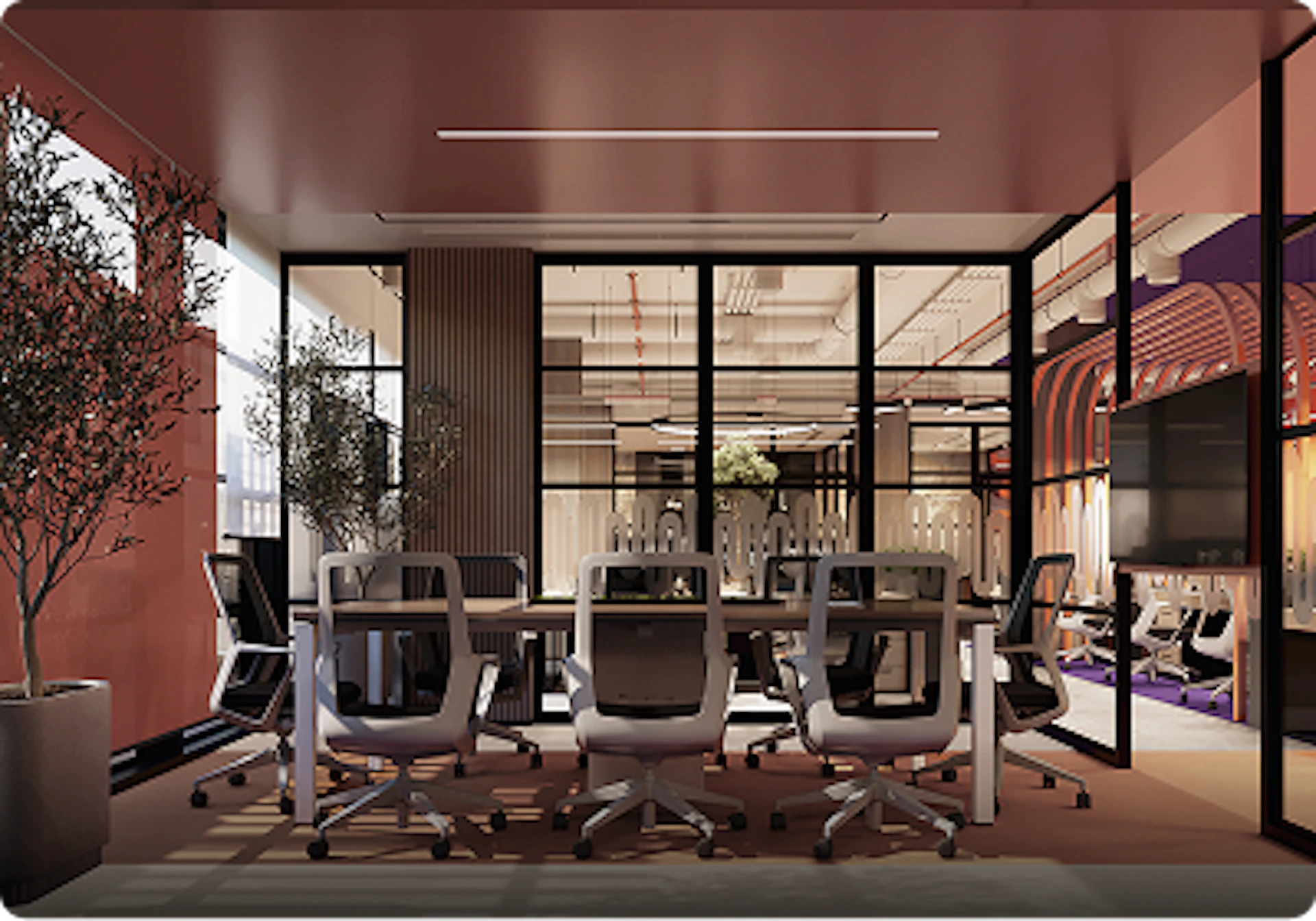 Modern office conference room with glass walls, ergonomic chairs, and decorative plants, showcasing a contemporary and professional workspace design.