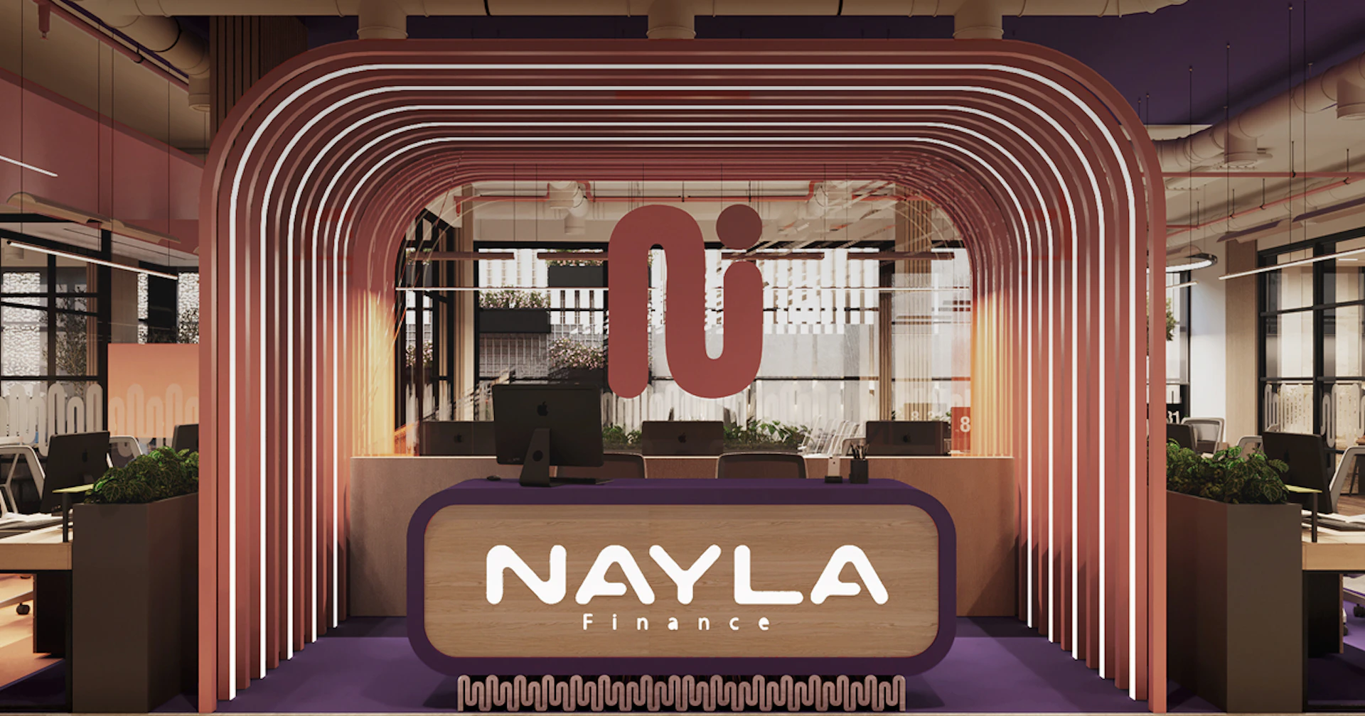 A modern office reception area features a sleek circular desk with a prominent "NAYLA Finance" sign, surrounded by stylish arch structures and lush greenery, creating an inviting and professional atmosphere.