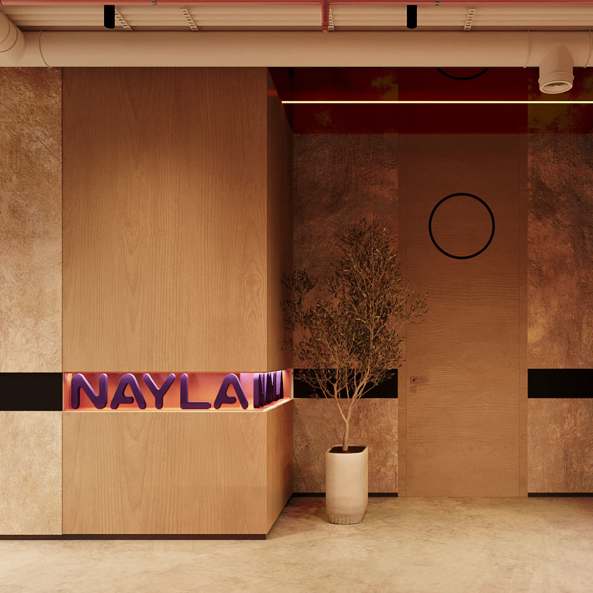 A modern interior features a minimalist design with a wooden panel wall displaying the name "Nayla," a circular wall accent, and a potted plant adding a touch of greenery in the corner.