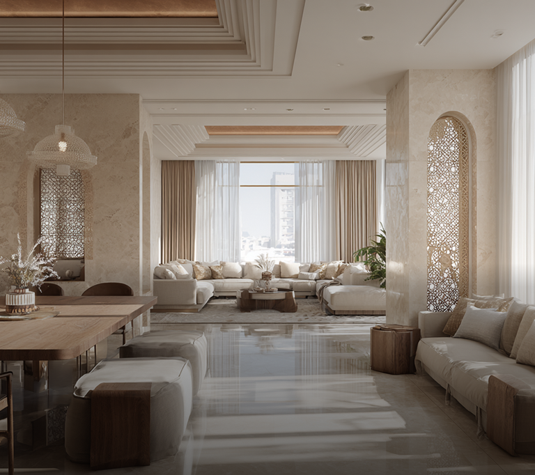 Sophisticated modern living room with large windows, beige and cream-colored furnishings, a wooden dining table, and intricate lattice wall panels, highlighting a luxurious and airy interior design.
