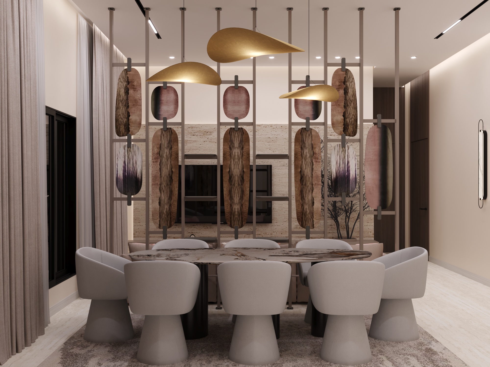 A modern dining room features a sleek table surrounded by stylish, padded chairs, with a striking vertical decorative panel and artistic hanging lights enhancing the contemporary design.