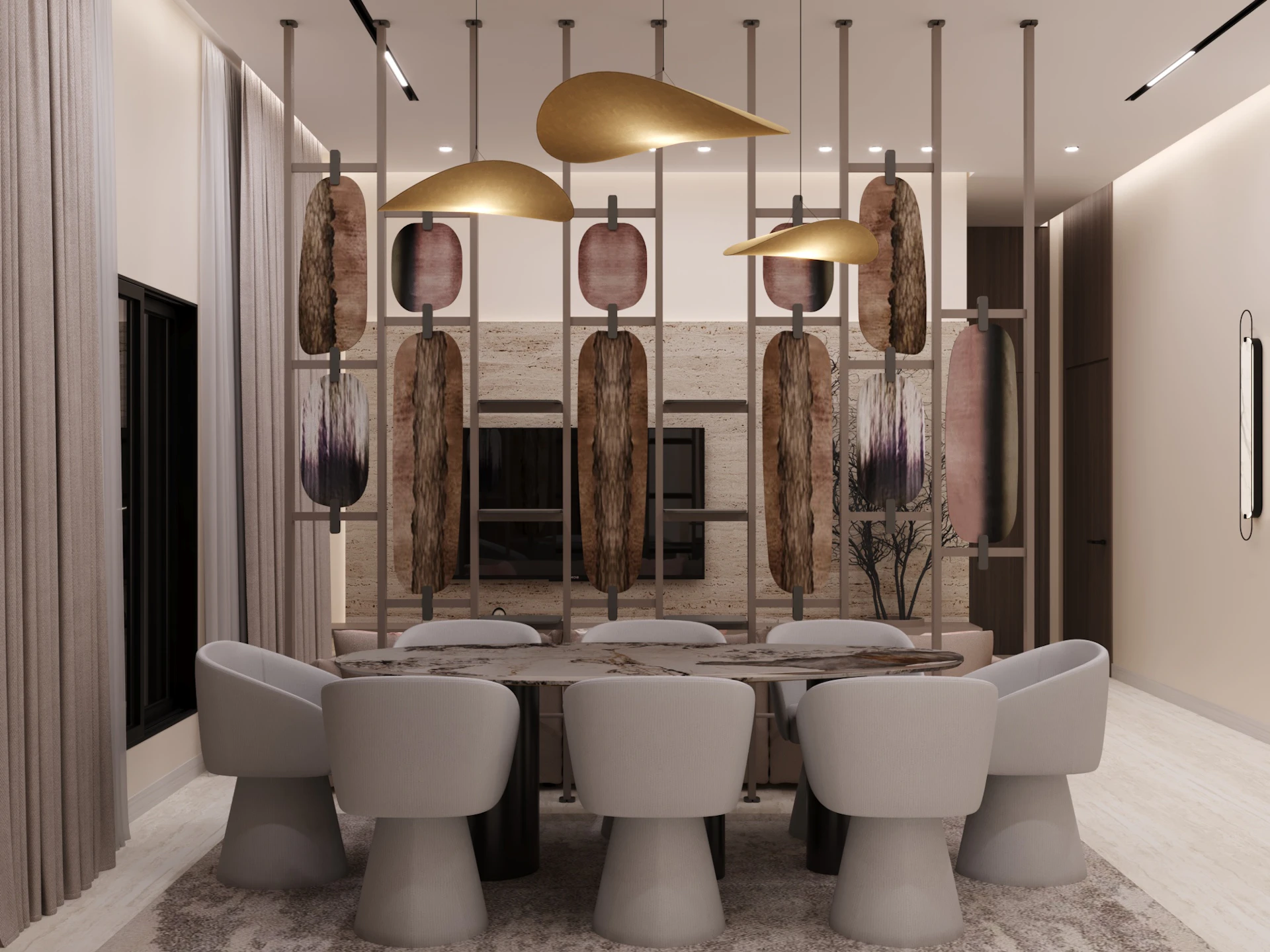 A modern dining room features a sleek table surrounded by stylish, padded chairs, with a striking vertical decorative panel and artistic hanging lights enhancing the contemporary design.
