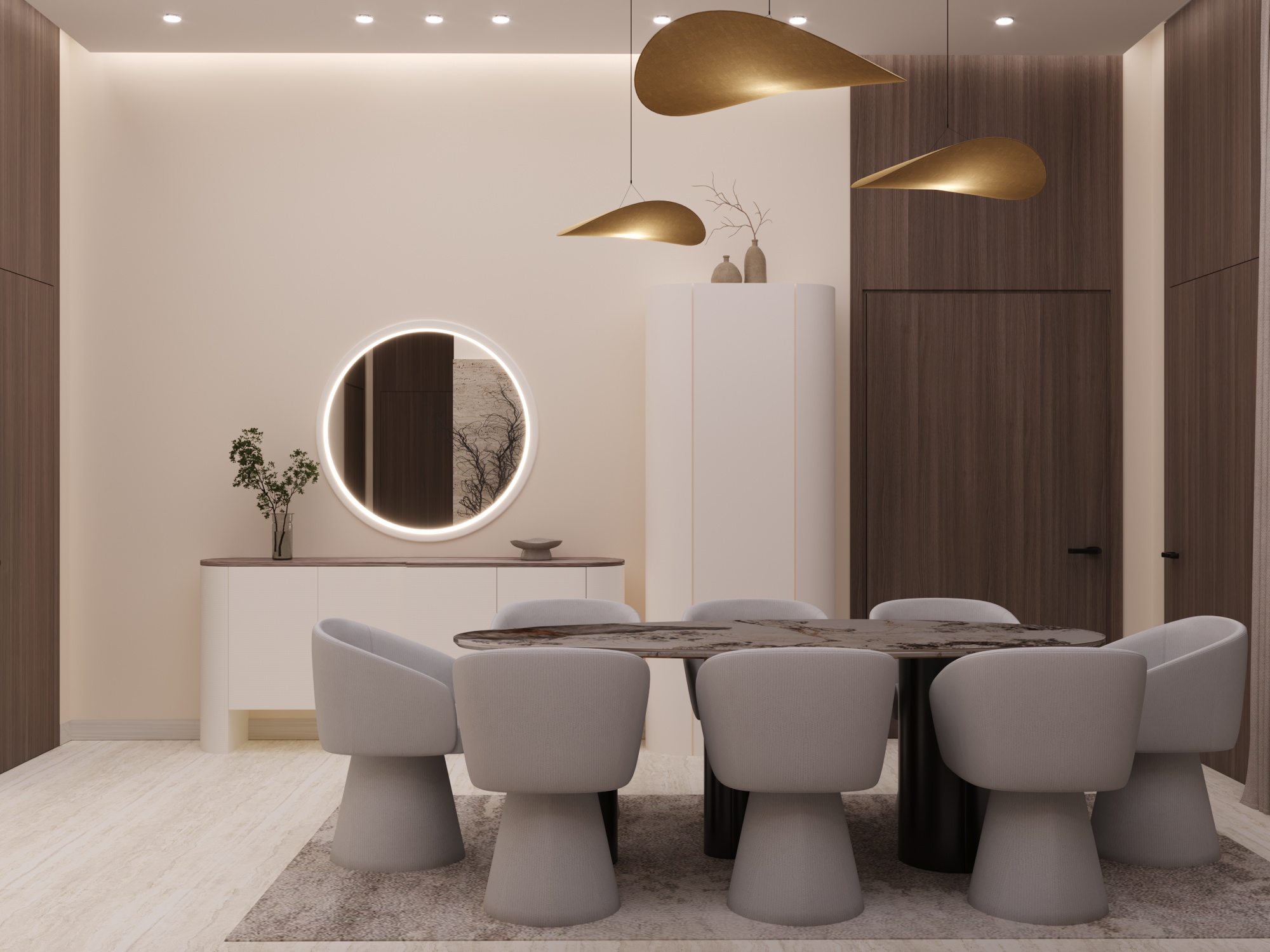 Modern dining room with a sleek oval table, eight cushioned chairs, minimalist decor, and ambient lighting from artistic pendant lamps.