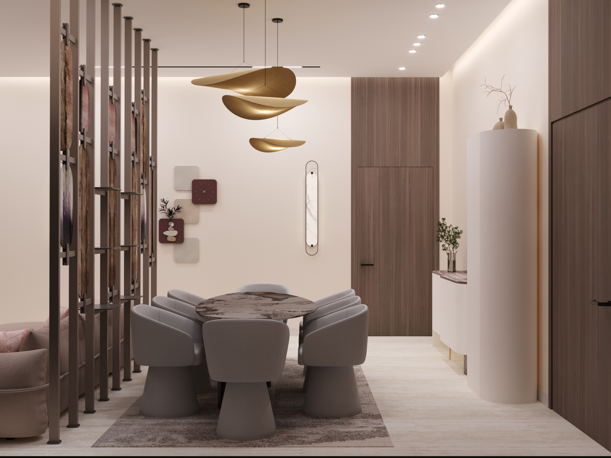 A modern dining room features a sleek, oval table surrounded by six plush, gray chairs, illuminated by stylish gold pendant lights; the decor includes a minimalist wooden partition, abstract wall art, and a touch of greenery, all contributing to a sophisticated and elegant ambiance.