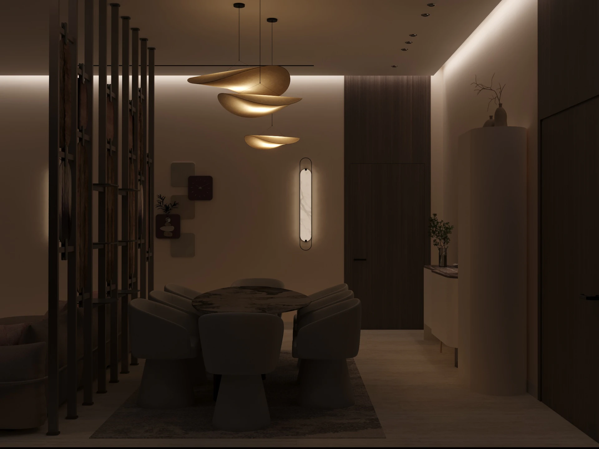 A modern and elegant dining area features a minimalist design with soft ambient lighting, showcasing a sleek marble table surrounded by plush chairs, and overhead, unique pendant lights add a sophisticated touch.