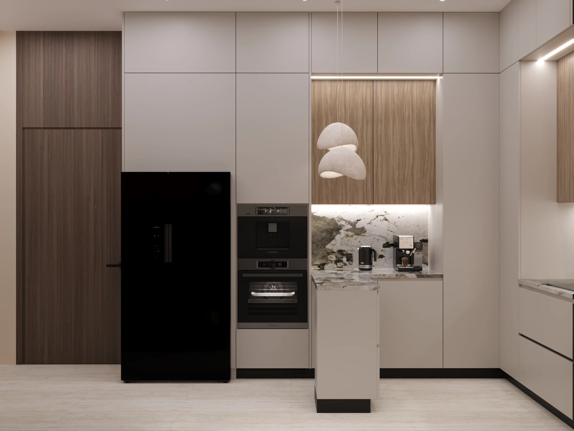 Modern kitchen interior featuring sleek cabinetry, a black refrigerator, built-in oven and microwave, coffee machine on a marble countertop, and minimalist pendant lighting, creating a sleek and functional cooking space.