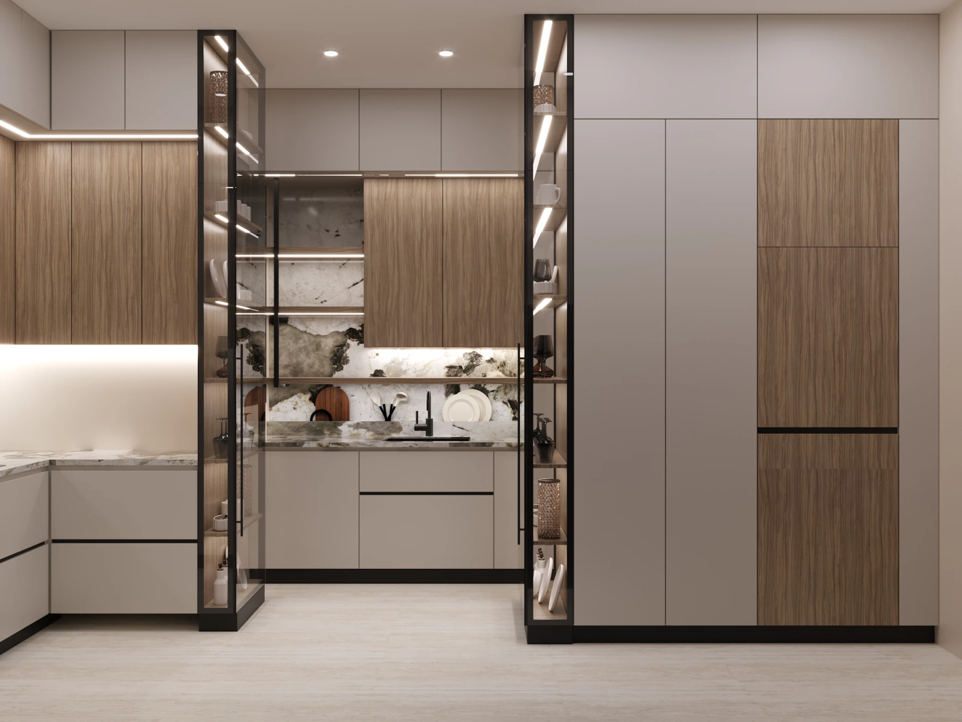 Modern kitchen interior with sleek wooden cabinets, integrated lighting, and neutral-toned countertops showcasing a minimalist design.
