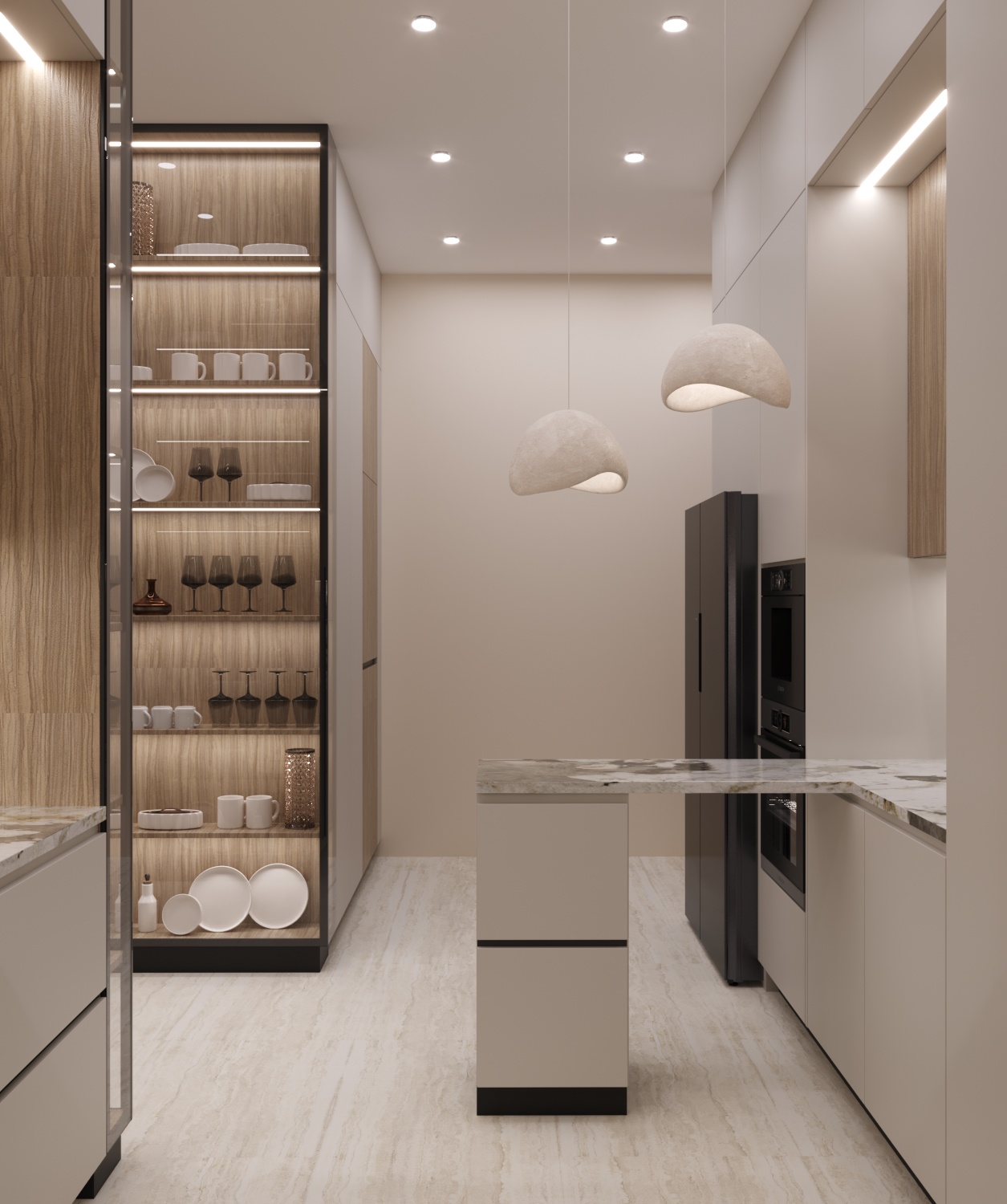 A modern kitchen interior with sleek, neutral-toned cabinetry, a marble-topped island, pendant lighting, and an open shelving display showcasing an assortment of dishes and glassware.
