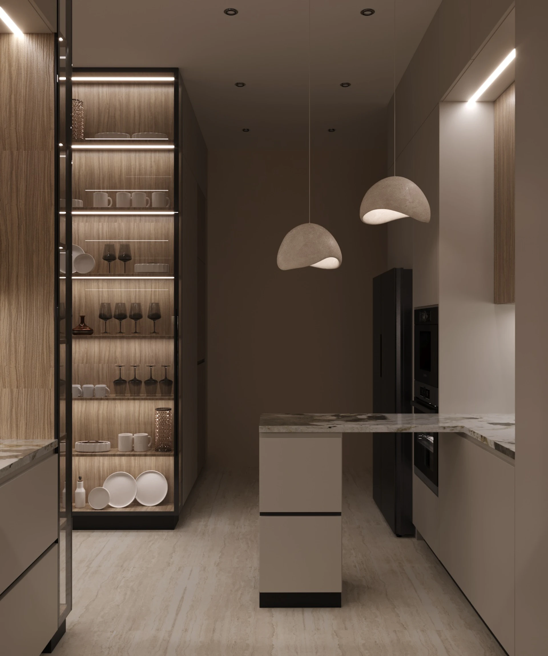 Modern kitchen interior featuring sleek cabinetry with integrated shelf lighting, showcasing elegant glassware and dinnerware under minimalist pendant lights.