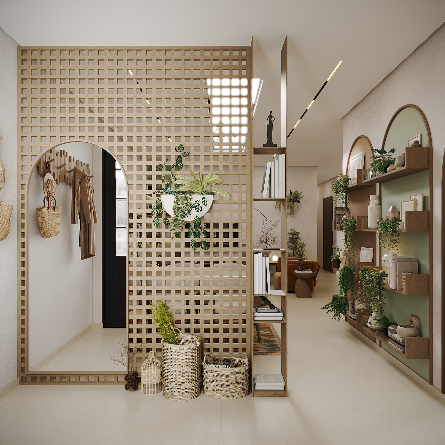 A modern, minimalist interior features a lattice partition with an arched mirror and various woven baskets, alongside shelves displaying lush green plants and neutral-toned decorations, creating a serene and stylish atmosphere.