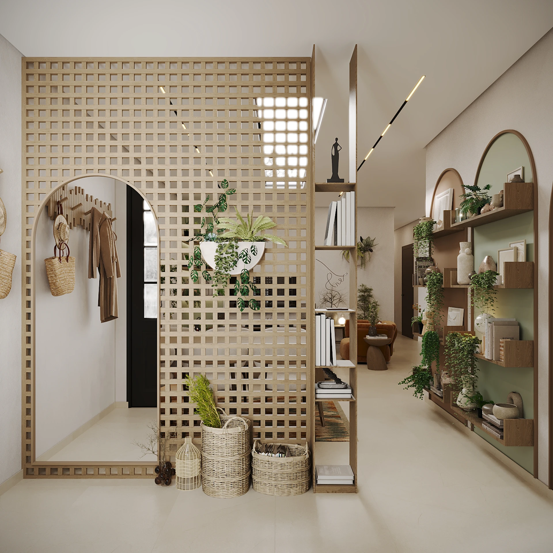 A modern, minimalist interior features a lattice partition with an arched mirror and various woven baskets, alongside shelves displaying lush green plants and neutral-toned decorations, creating a serene and stylish atmosphere.