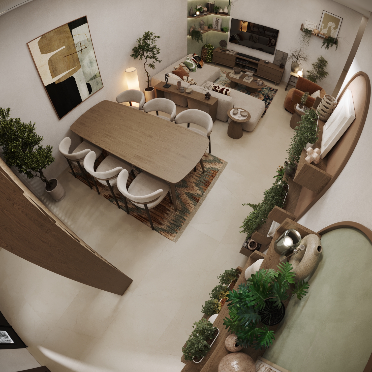 A modern, minimalist living and dining area features a wooden dining table surrounded by cushioned chairs, a cozy seating arrangement with a plush sofa, abstract art on the wall, and various potted plants accentuating the neutral-toned decor.