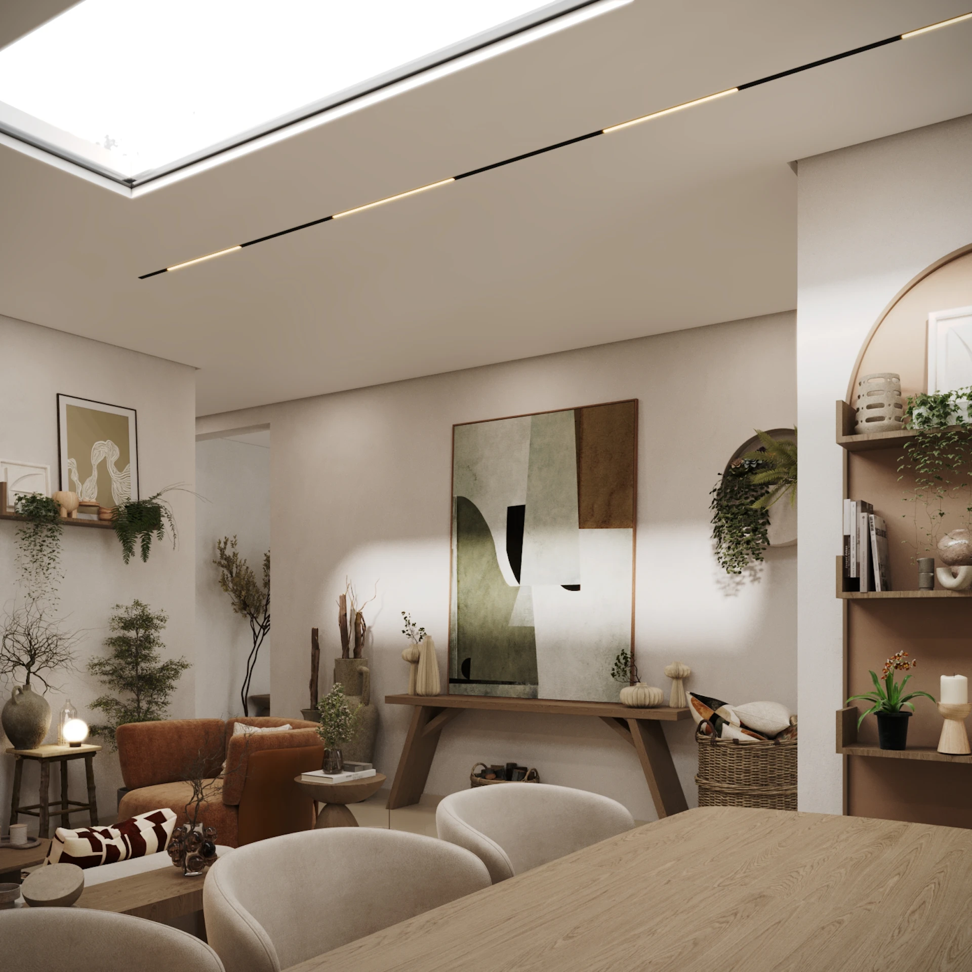 A modern, minimalist living room with neutral tones features a large skylight, abstract art, wooden furniture, indoor plants, and cozy seating arrangements, creating a warm and inviting atmosphere.