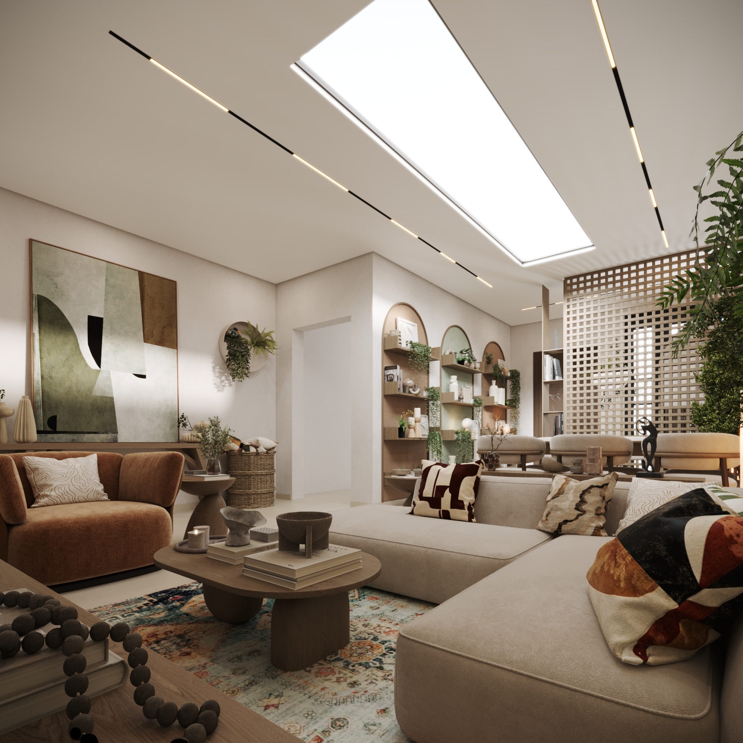 A modern living room with a skylight illuminates neutral-toned sofas, abstract wall art, and a mix of green plants, creating a cozy and inviting atmosphere.