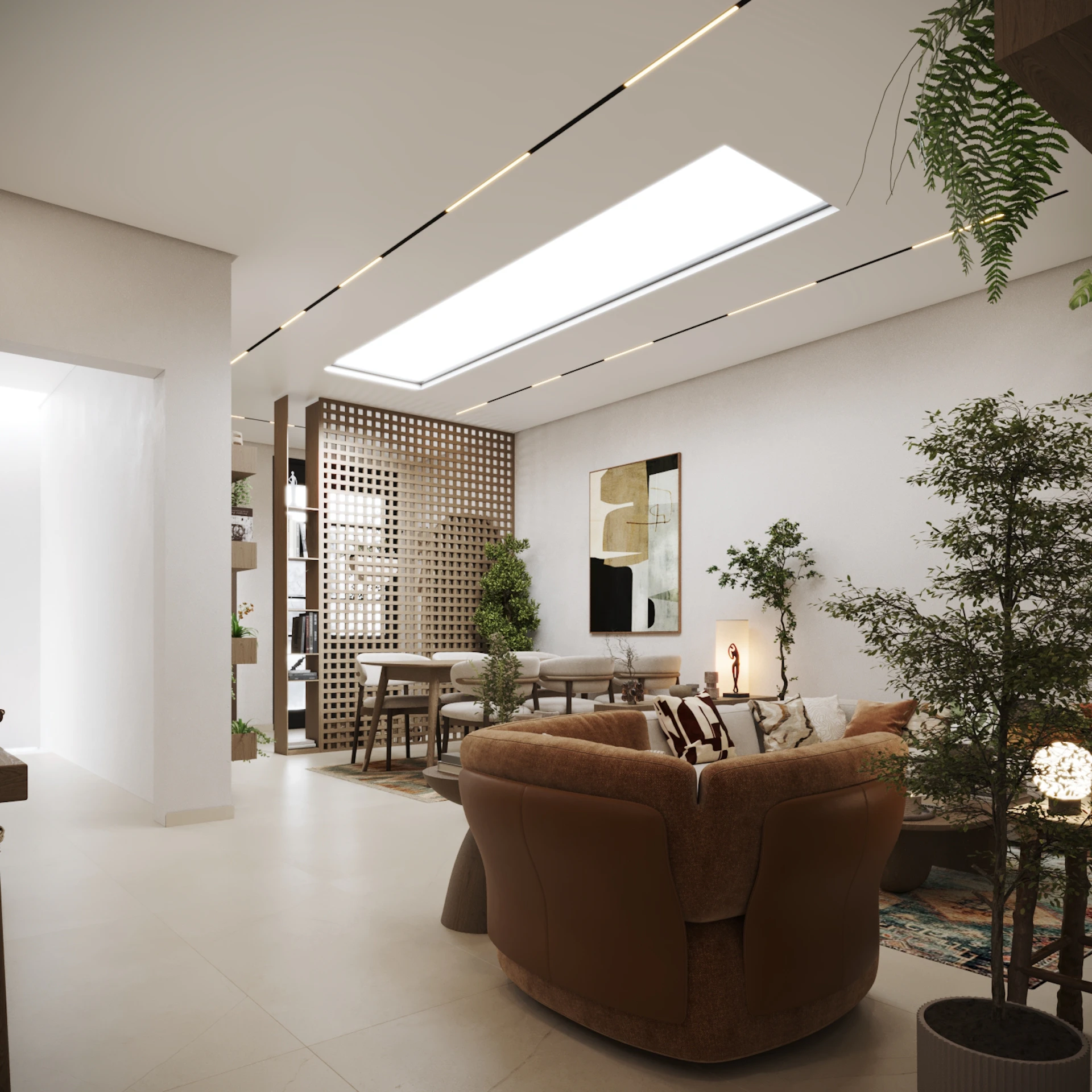 A modern living room with a large skylight, featuring a brown circular sofa, a wood-paneled partition, and lush green plants, creating a warm and inviting atmosphere.