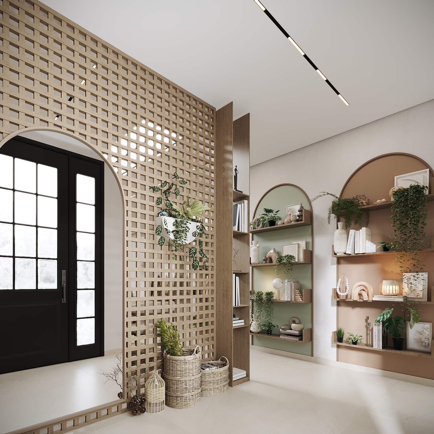 A modern interior living space features a stylish open-shelving unit with various green plants, decorative ceramics, and books, complemented by a lattice partition and arched doorways that enhance the room's natural light and architectural elegance.