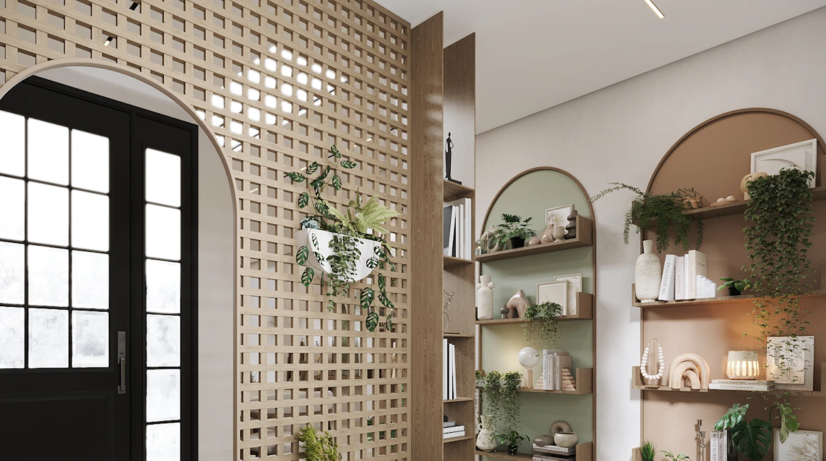 مدخل عصري ومضيء مع جدار شبكي خشبي مزخرف وأرفف تحتوي على نباتات وزخارف، يعكس تصميمًا داخليًا أنيقًا ومرحبًا.