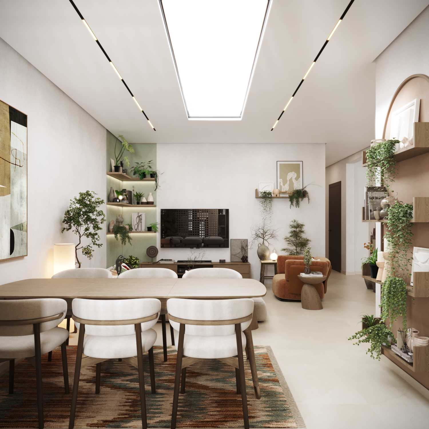 A modern living room with a long dining table and chairs, featuring a TV mounted on the wall, surrounded by lush green plants and stylish minimalist decor, illuminated by a large skylight.