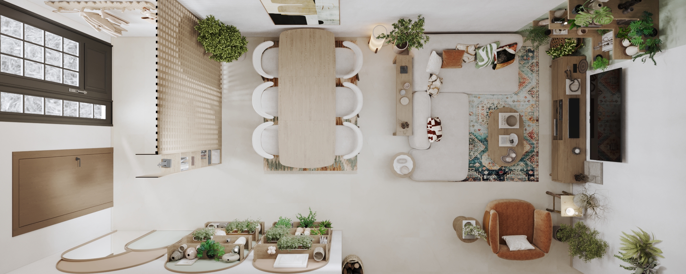 A cozy, modern living and dining room with neutral tones features a large oval dining table surrounded by white chairs, a comfortable seating area with a plush orange chair, a light gray sectional, colorful patterned rugs, and various green plants adding a touch of nature to the stylish decor.