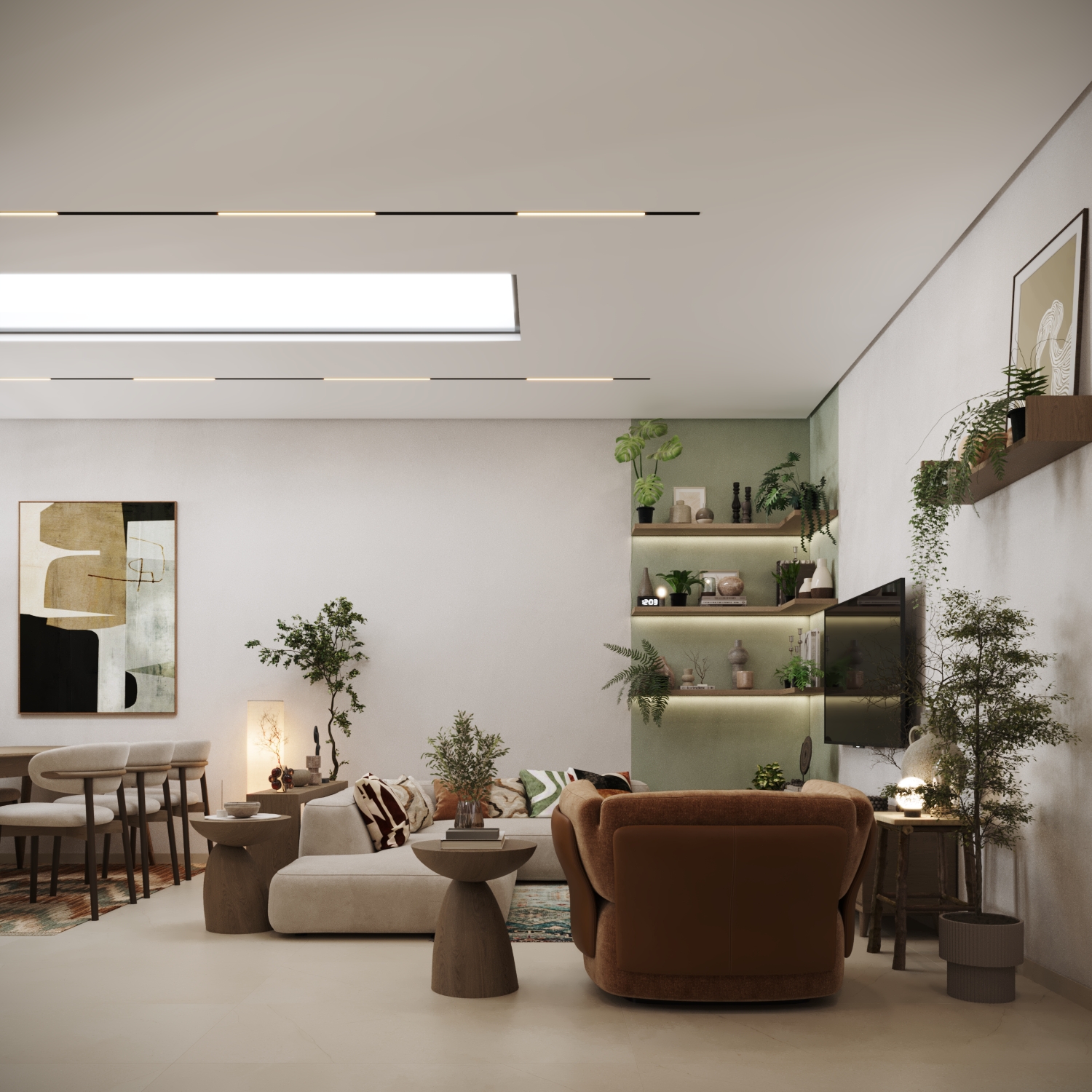 A modern living room features a minimalist design with a cozy brown armchair, a sleek white sofa, and a variety of houseplants, enhanced by contemporary art pieces and ambient lighting on smooth white walls.