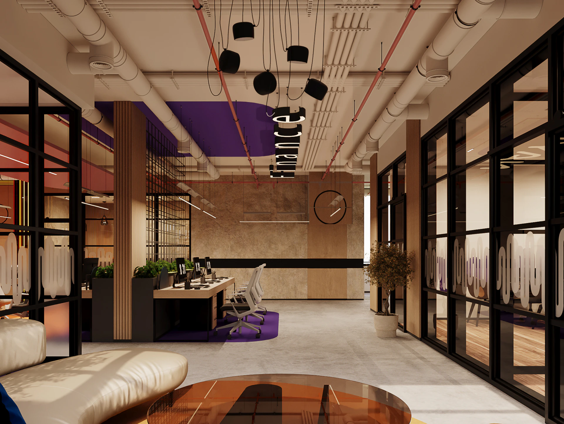 Modern office interior with a sleek design features open workstations, glass partitions labeled "Finance," contemporary furniture, and stylish lighting fixtures against a backdrop of exposed ductwork and neutral tones.