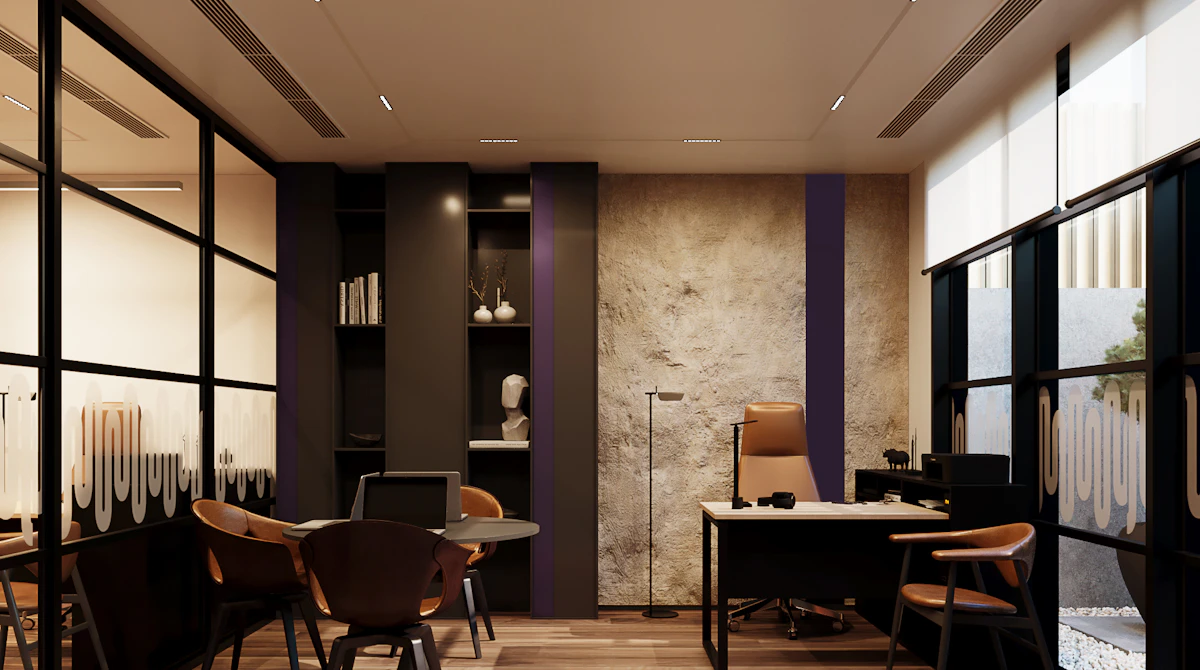 A modern office interior with sleek black and glass partitions, featuring a stylish wooden floor, a large wooden desk with an ergonomic chair, and a textured wall adorned with minimalist decor.