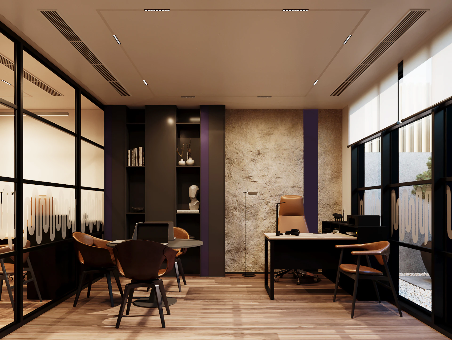 A modern office interior with sleek black and glass partitions, featuring a stylish wooden floor, a large wooden desk with an ergonomic chair, and a textured wall adorned with minimalist decor.