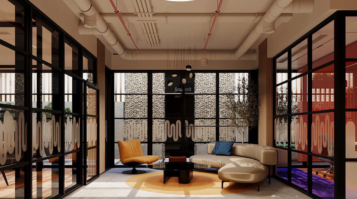 A modern office lounge features stylish mid-century furniture, including a yellow chair, a beige sectional sofa, and a central black coffee table, all set against floor-to-ceiling glass walls with geometric patterns, enhancing an open, airy ambiance.