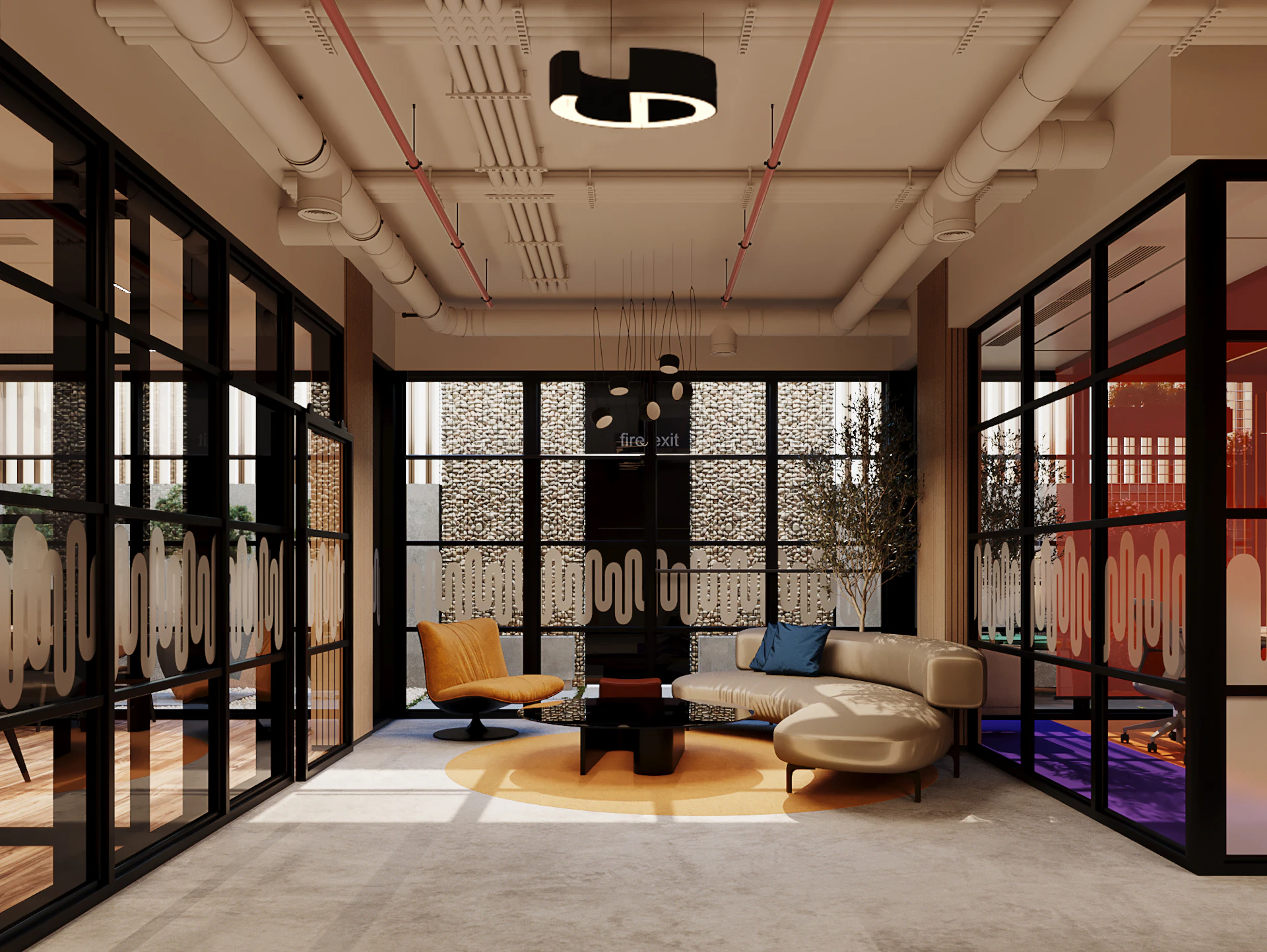 A modern office lounge features stylish mid-century furniture, including a yellow chair, a beige sectional sofa, and a central black coffee table, all set against floor-to-ceiling glass walls with geometric patterns, enhancing an open, airy ambiance.