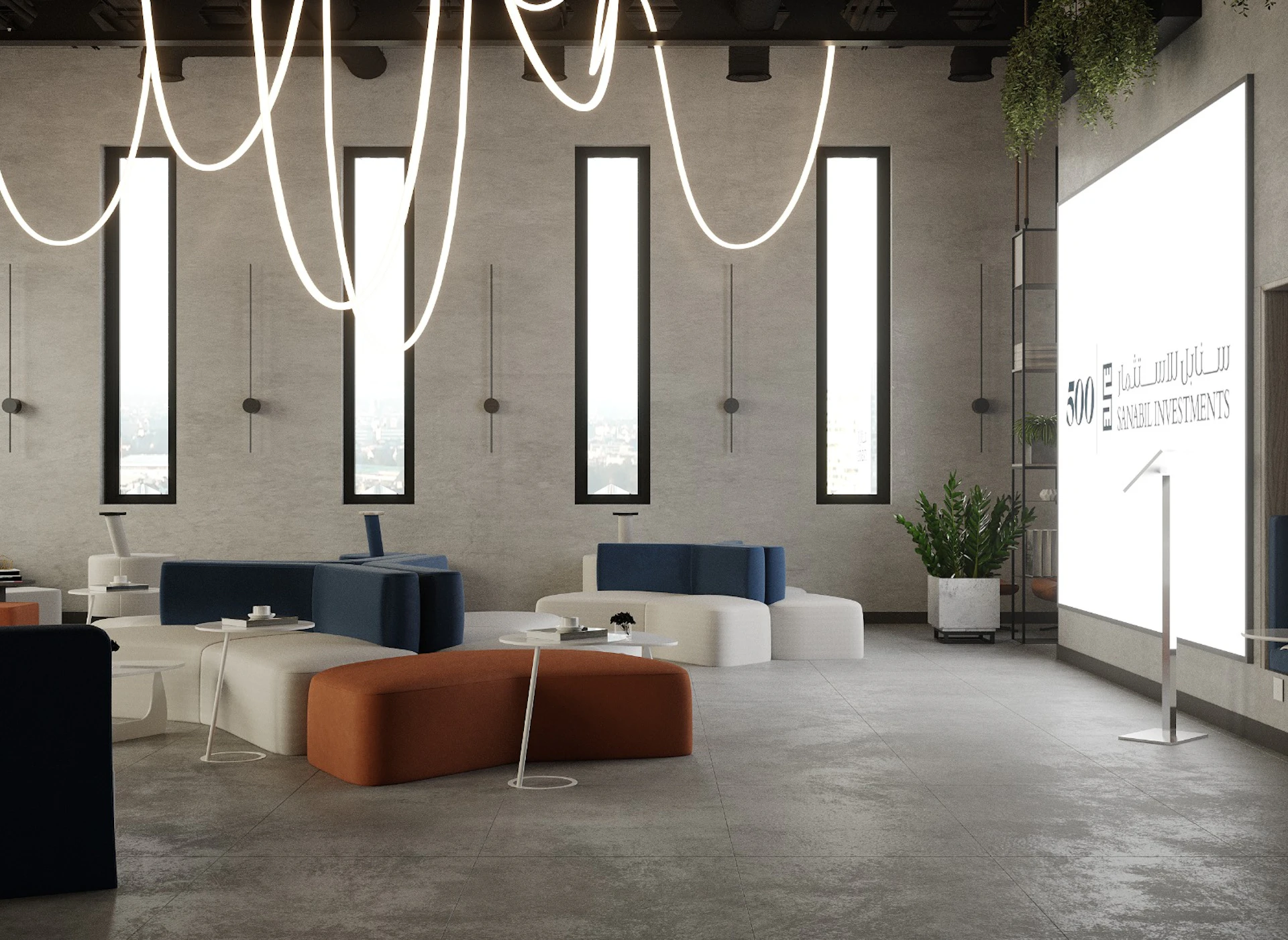 A modern, spacious office lobby with sleek furniture, featuring blue and orange cushioned seating, tall windows allowing natural light, artistic LED ceiling fixtures, and a large illuminated sign on the wall.