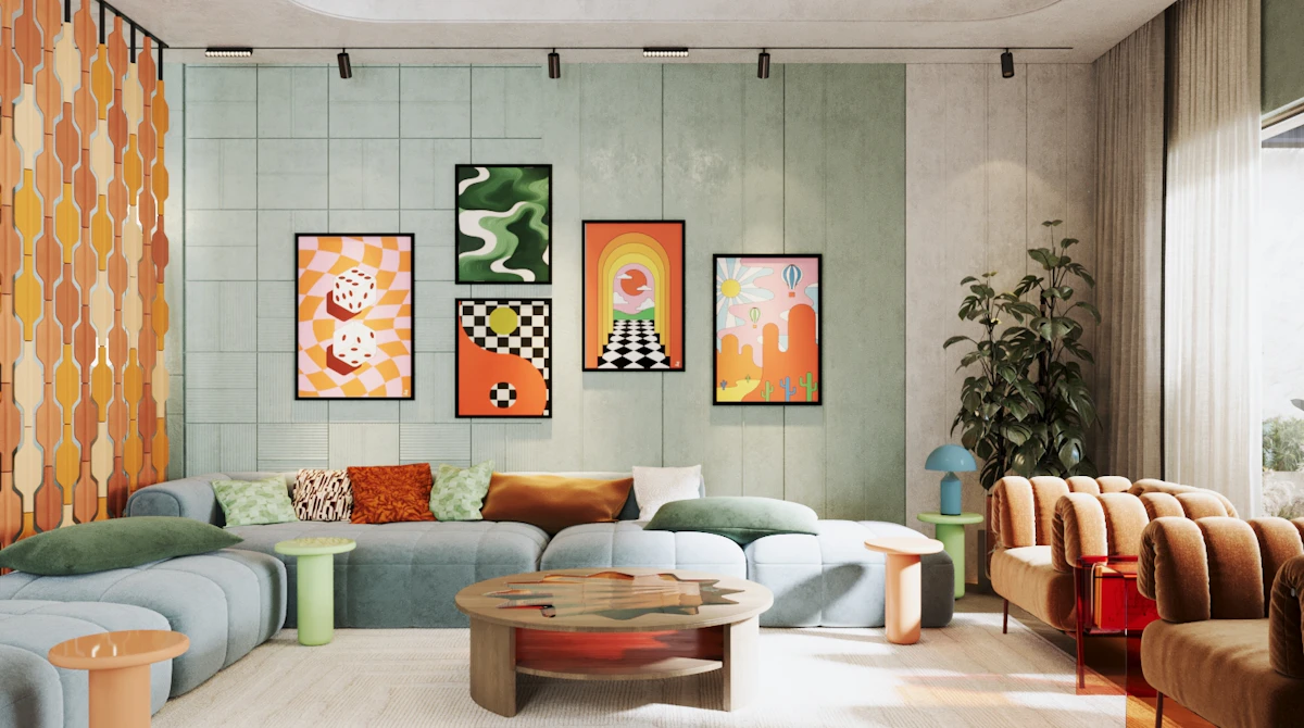 تصميم داخلي لغرفة معيشة بنمط ريترو في الرياض، يتميز بجدران باللون الأخضر المريمي، وأريكة مخملية منحنية، وفواصل جدارية هندسية مع إضاءة مودرن.