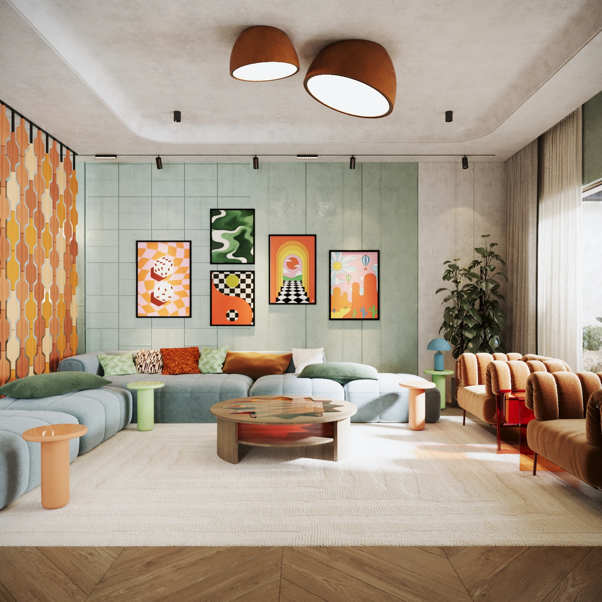 تصميم داخلي لغرفة معيشة بنمط ريترو في الرياض، يتميز بجدران باللون الأخضر المريمي، وأريكة مخملية منحنية، وفواصل جدارية هندسية مع إضاءة مودرن.