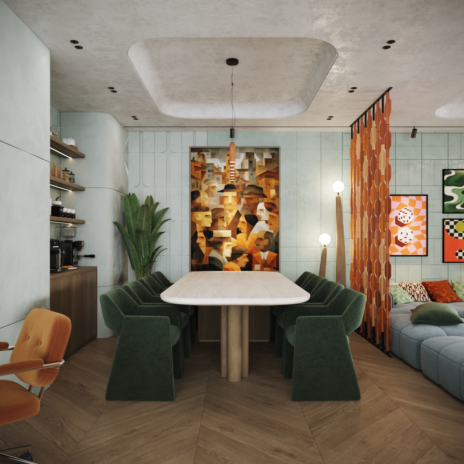 تصميم داخلي لغرفة معيشة بنمط ريترو في الرياض، يتميز بجدران باللون الأخضر المريمي، وأريكة مخملية منحنية، وفواصل جدارية هندسية مع إضاءة مودرن.