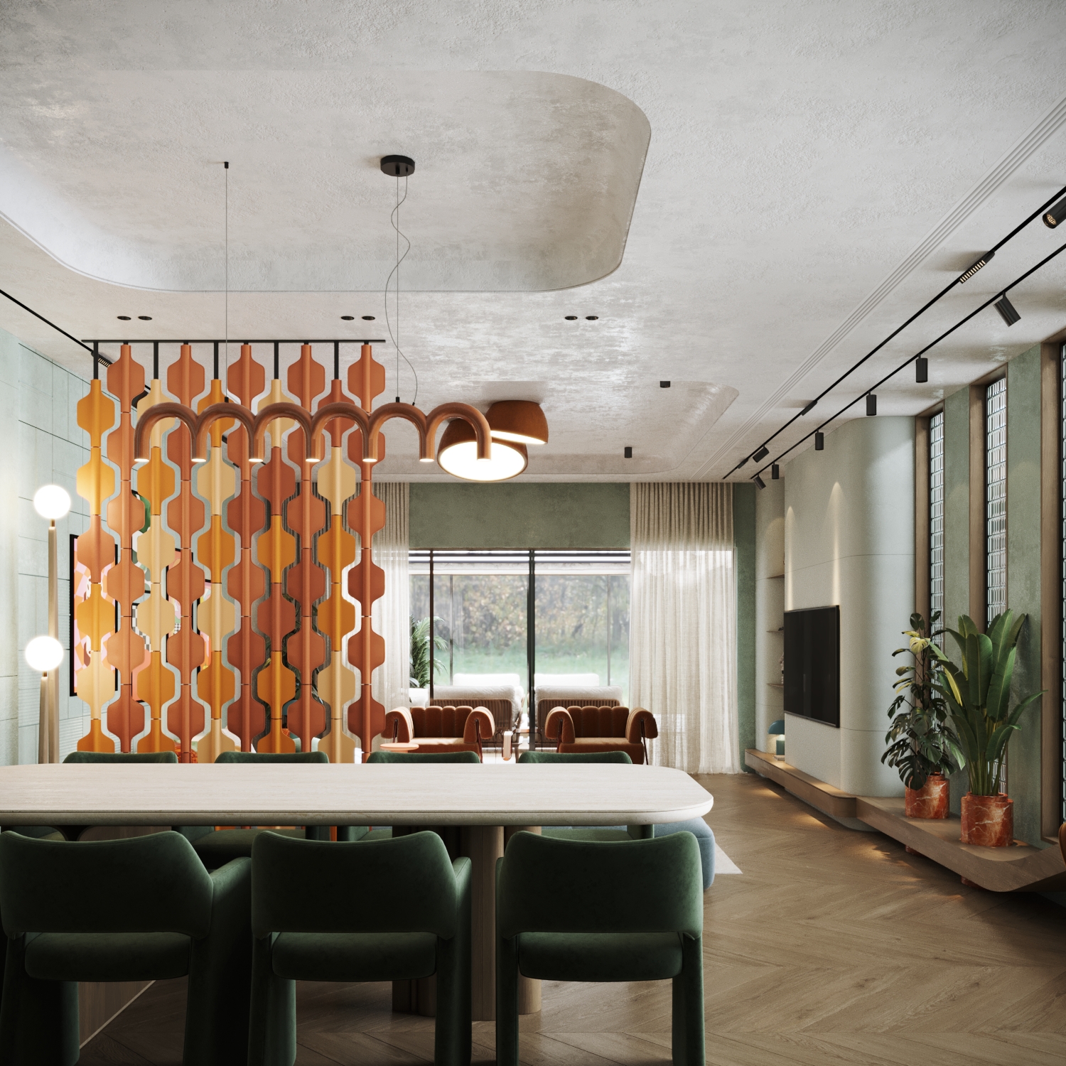 تصميم داخلي لغرفة معيشة بنمط ريترو في الرياض، يتميز بجدران باللون الأخضر المريمي، وأريكة مخملية منحنية، وفواصل جدارية هندسية مع إضاءة مودرن.