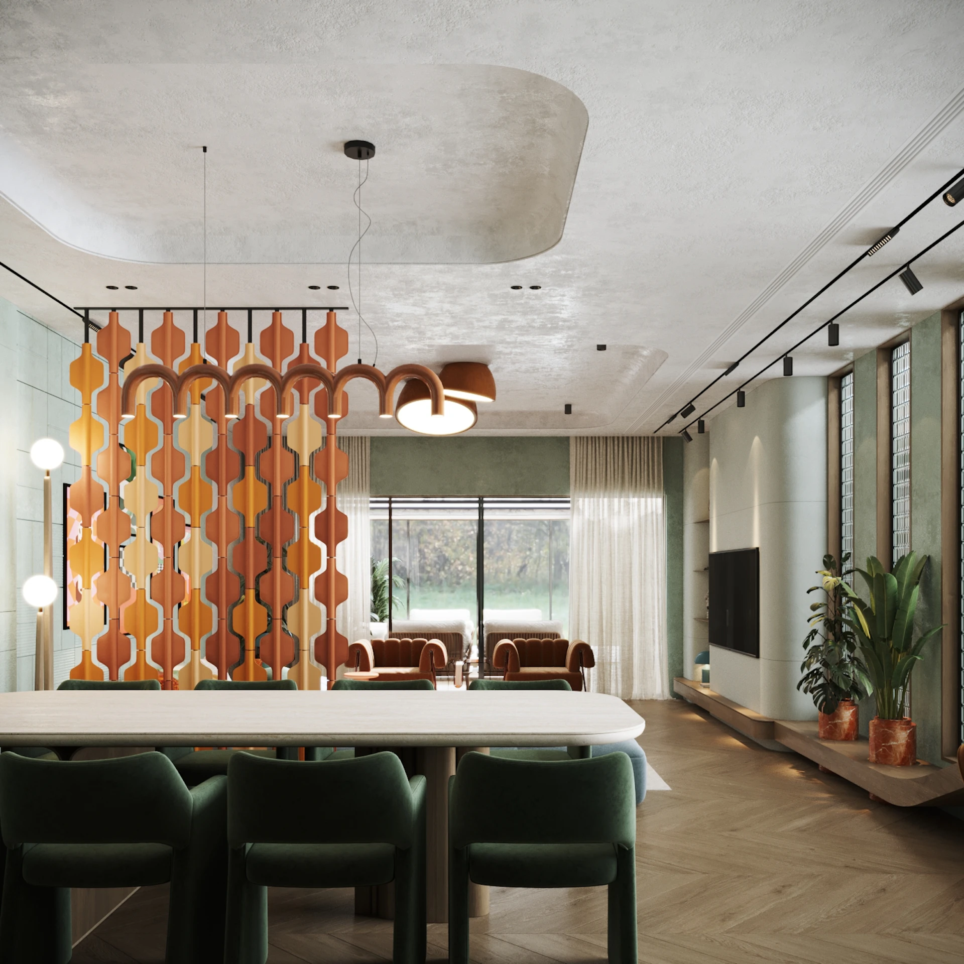 تصميم داخلي لغرفة معيشة بنمط ريترو في الرياض، يتميز بجدران باللون الأخضر المريمي، وأريكة مخملية منحنية، وفواصل جدارية هندسية مع إضاءة مودرن.