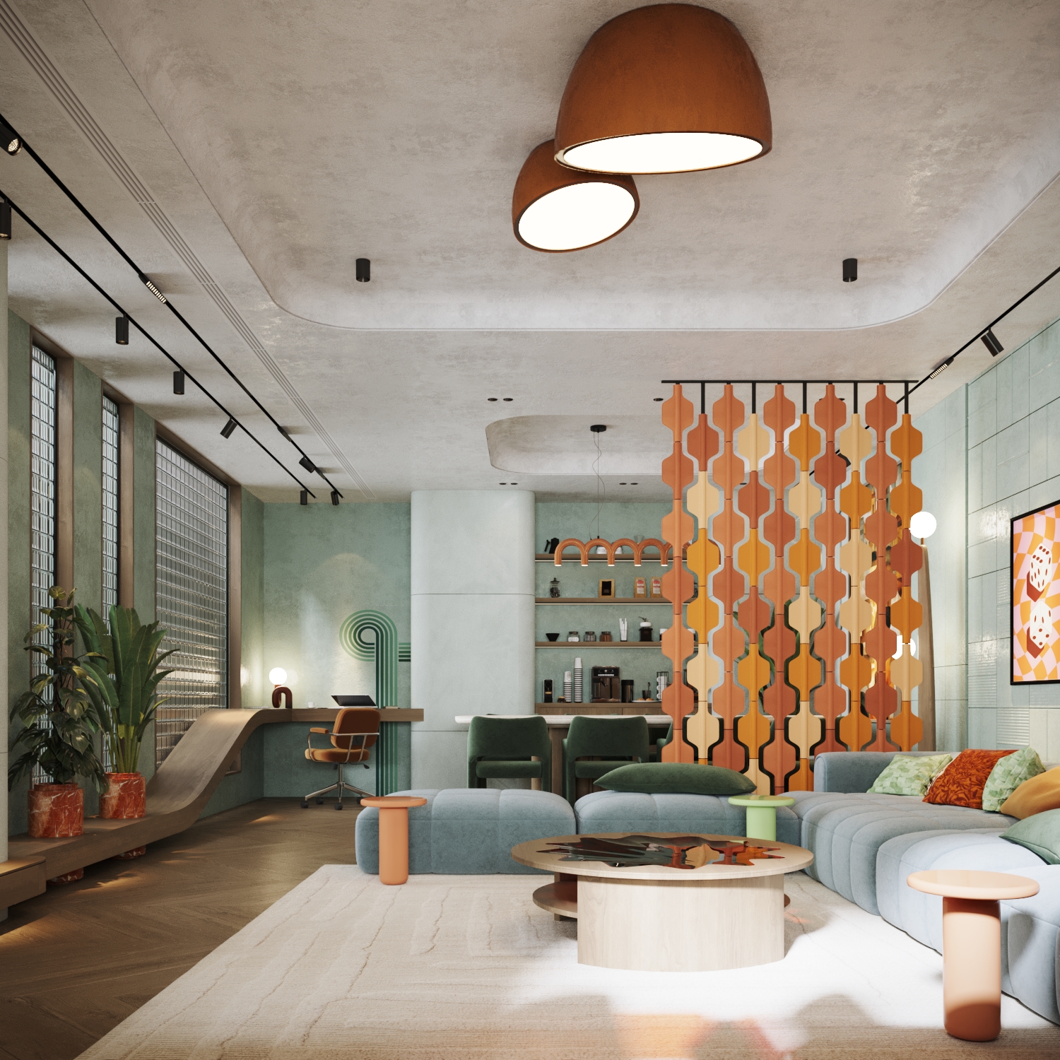 تصميم داخلي لغرفة معيشة بنمط ريترو في الرياض، يتميز بجدران باللون الأخضر المريمي، وأريكة مخملية منحنية، وفواصل جدارية هندسية مع إضاءة مودرن.