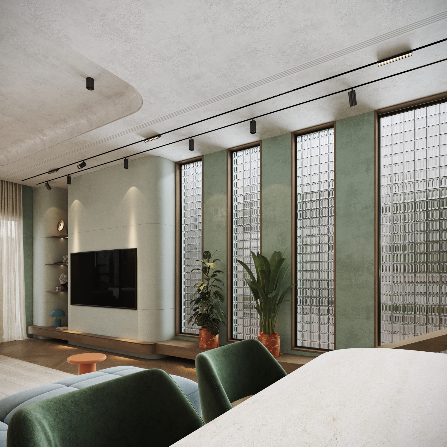 تصميم داخلي لغرفة معيشة بنمط ريترو في الرياض، يتميز بجدران باللون الأخضر المريمي، وأريكة مخملية منحنية، وفواصل جدارية هندسية مع إضاءة مودرن.