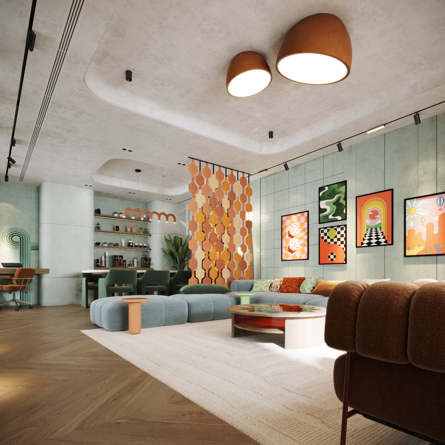 تصميم داخلي لغرفة معيشة بنمط ريترو في الرياض، يتميز بجدران باللون الأخضر المريمي، وأريكة مخملية منحنية، وفواصل جدارية هندسية مع إضاءة مودرن.