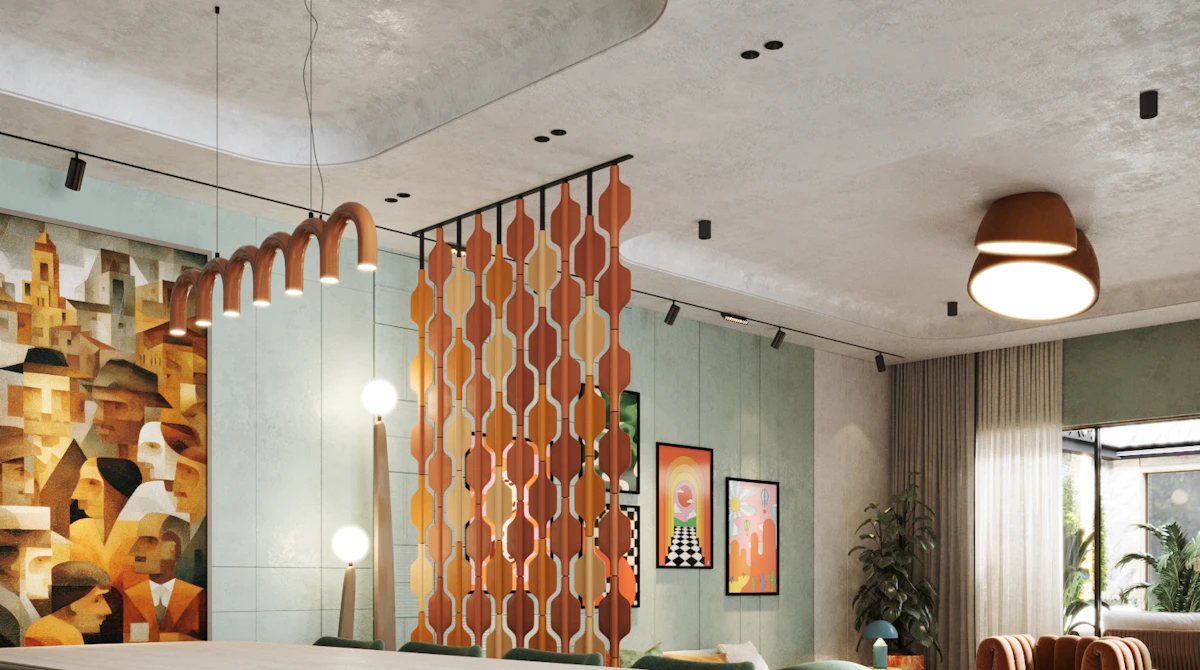 تصميم داخلي لغرفة معيشة بنمط ريترو في الرياض، يتميز بجدران باللون الأخضر المريمي، وأريكة مخملية منحنية، وفواصل جدارية هندسية مع إضاءة مودرن.