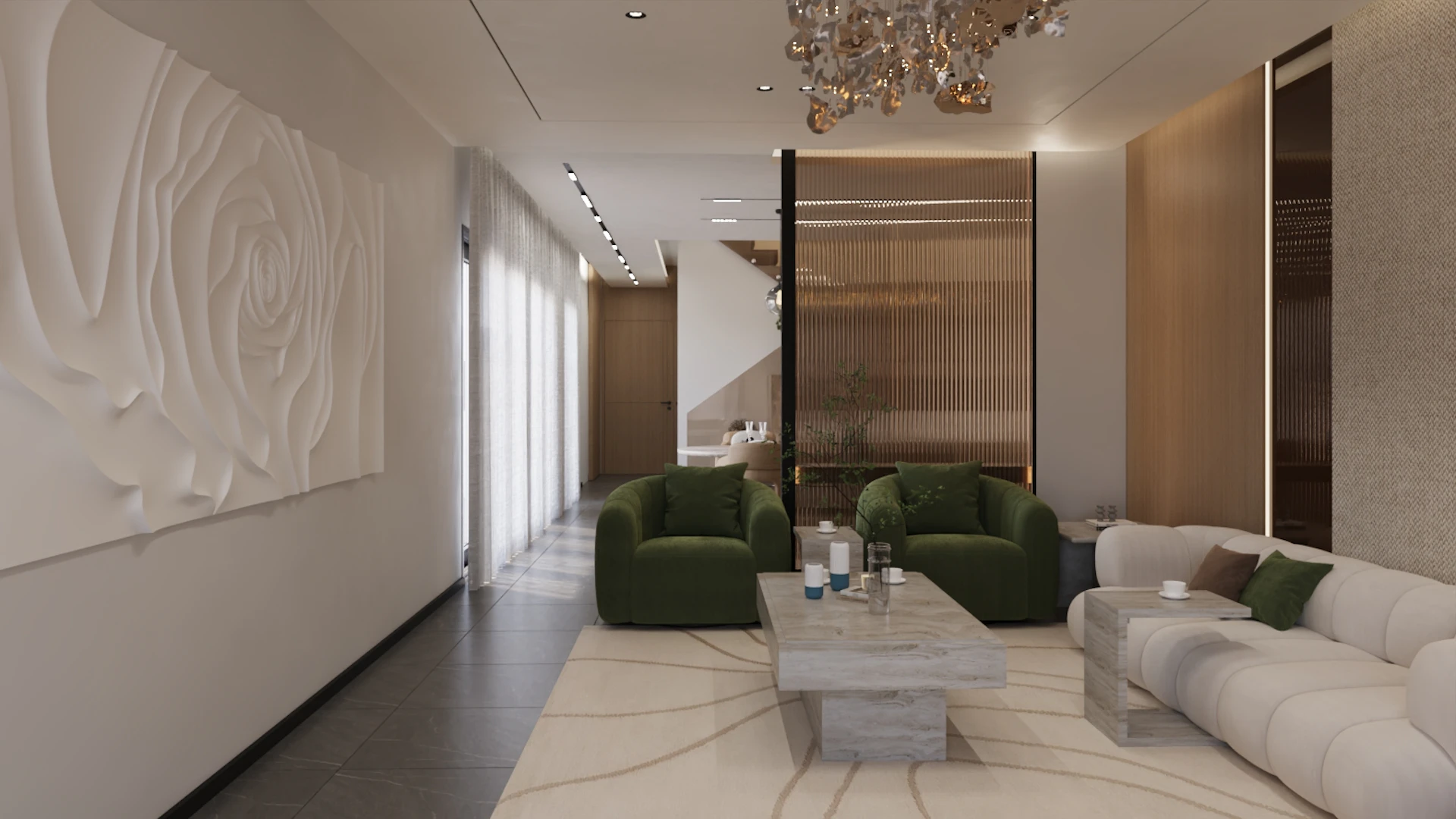 modern, luxuriously designed living room featuring a white low-profile sectional sofa on the right and two deep green velvet armchairs in the center. A rectangular marble coffee table sits on a large, patterned cream rug.