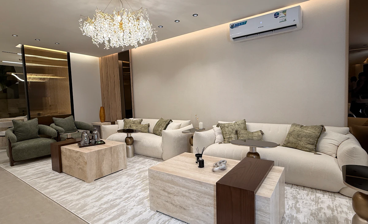 modern living room highlighting a mix of trendy colors from greens till neutral colors