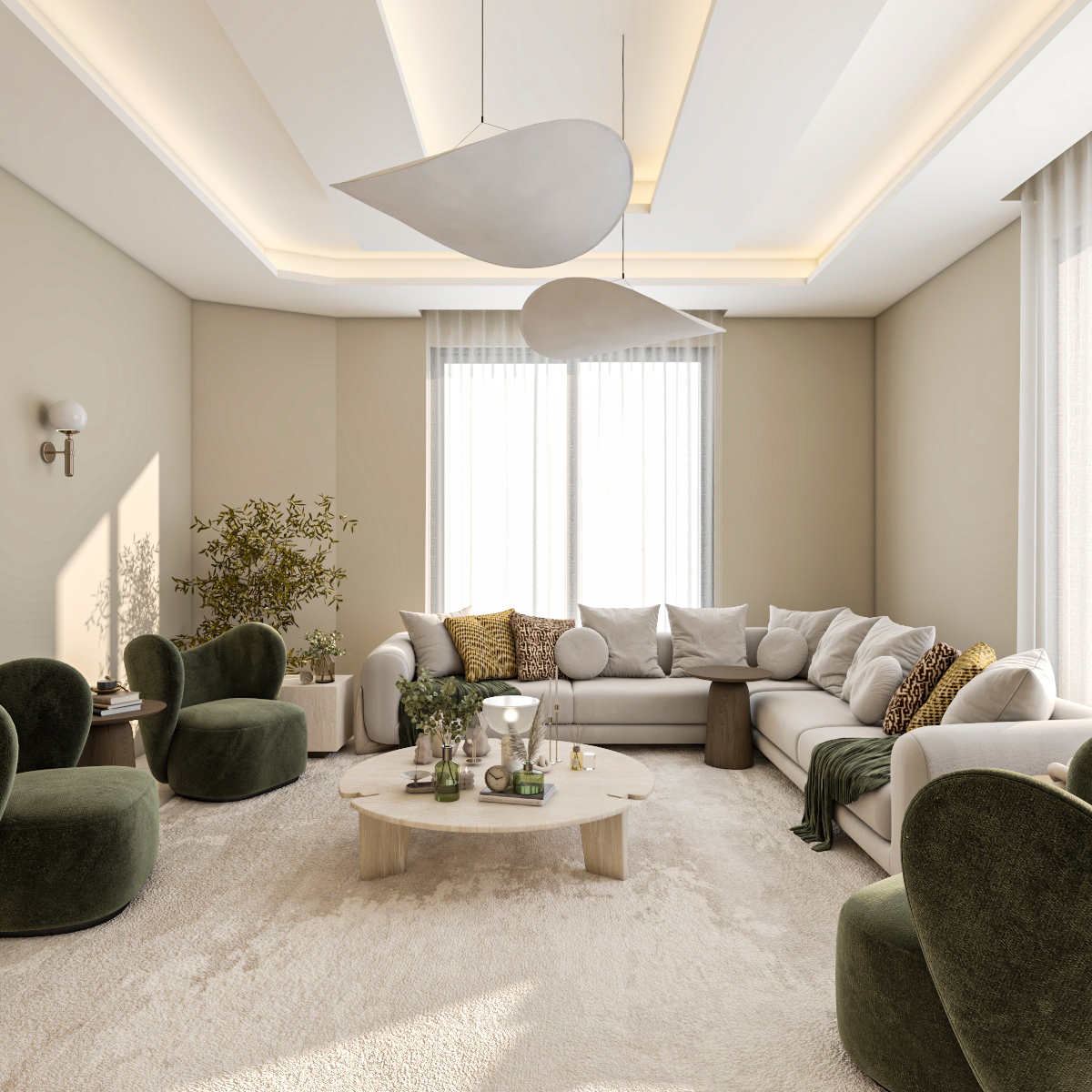 Contemporary residential living room design in Riyadh showcasing warm ambient lighting, sophisticated textures, and a space-saving functional layout.