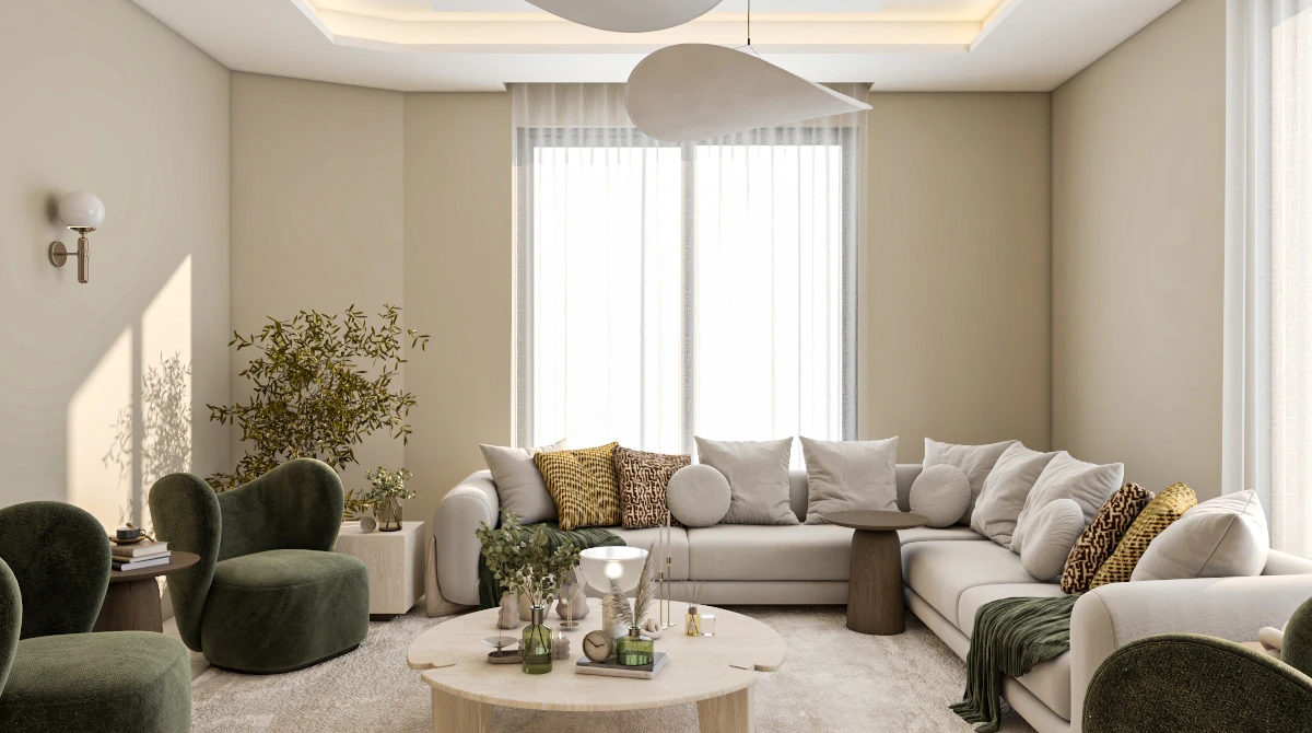 تصميم ذكي وعصري لغرفة معيشة سكنية في الرياض يوضح الإضاءة الدافئة والاستغلال المثالي للمساحات الصغيرة.