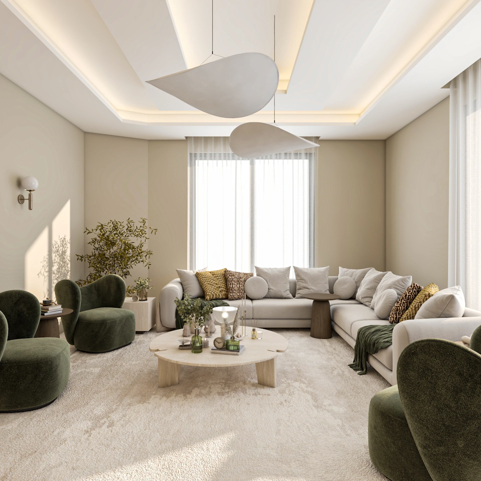 Contemporary residential living room design in Riyadh showcasing warm ambient lighting, sophisticated textures, and a space-saving functional layout.