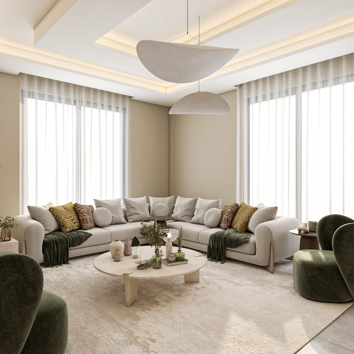 Contemporary residential living room design in Riyadh showcasing warm ambient lighting, sophisticated textures, and a space-saving functional layout.