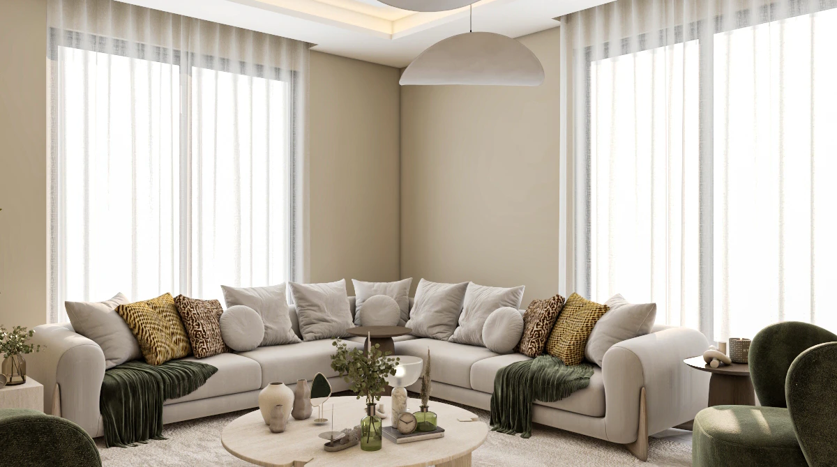 تصميم ذكي وعصري لغرفة معيشة سكنية في الرياض يوضح الإضاءة الدافئة والاستغلال المثالي للمساحات الصغيرة.