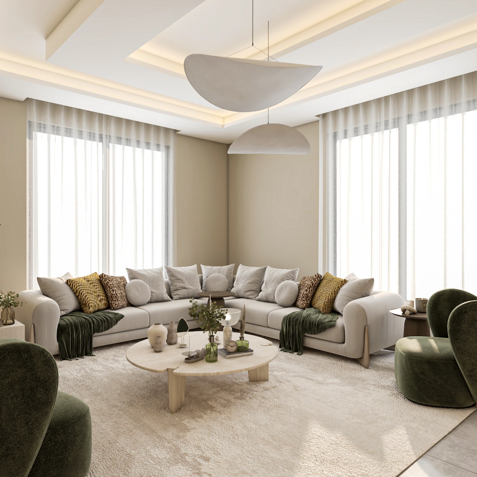 Contemporary residential living room design in Riyadh showcasing warm ambient lighting, sophisticated textures, and a space-saving functional layout.