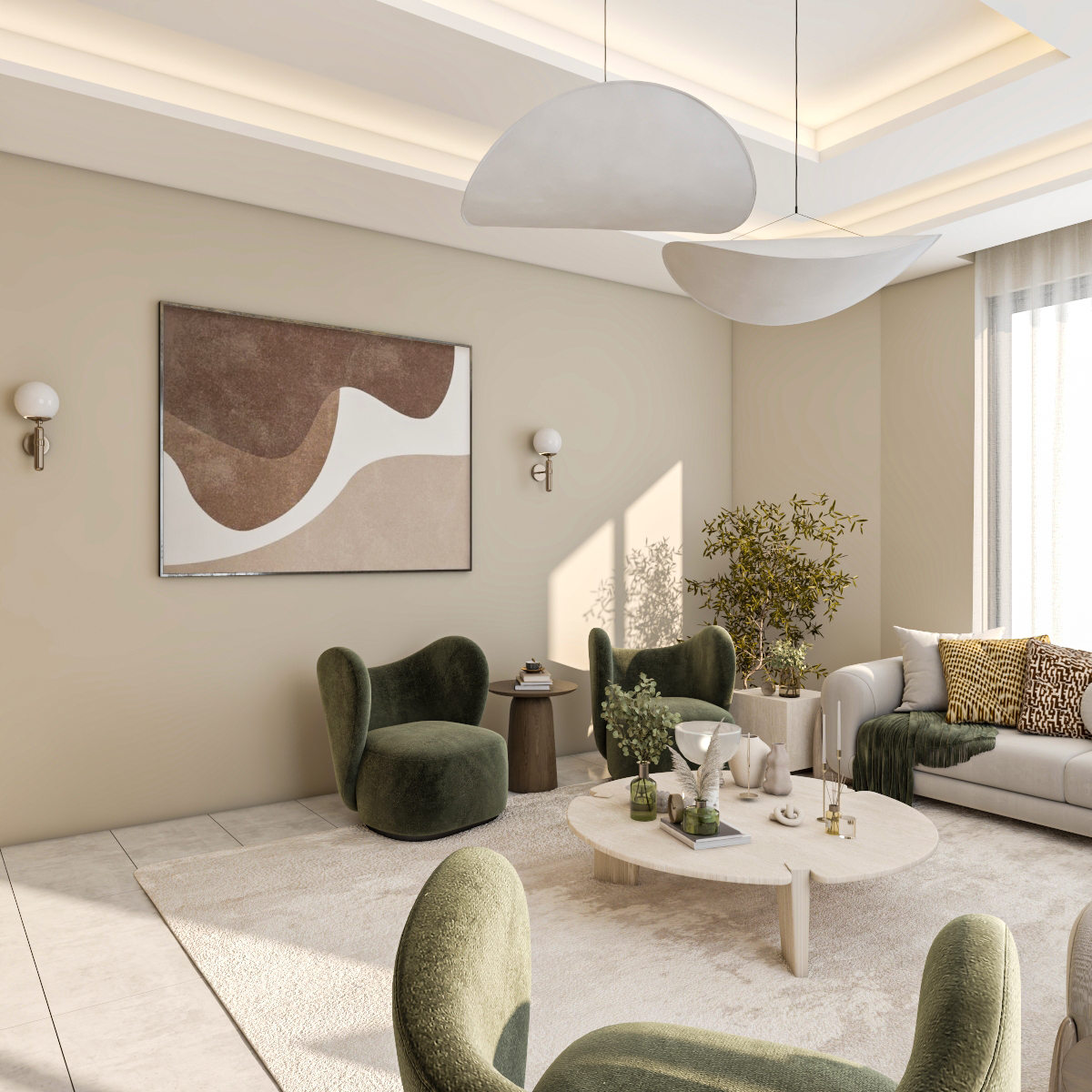Contemporary residential living room design in Riyadh showcasing warm ambient lighting, sophisticated textures, and a space-saving functional layout.